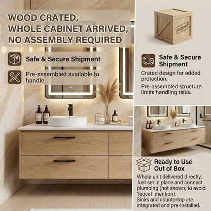 60"-96"Light Oak Floating Bathroom Vanity with Double Vessel Sinks & LED Mirrors