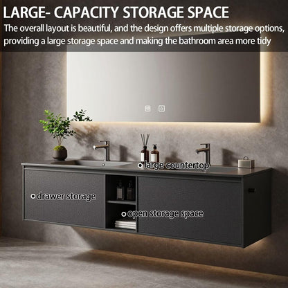 60”-84”Double Sink Floating Bathroom Vanity with LED Backlit Mirror, Dark Gray Textured Cabinet