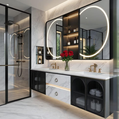 60"-96"Marble Floating Bathroom Vanity with LED Mirrors & Black Fluted Glass Doors