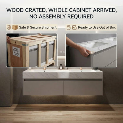 60"-84"Cream Floating Bathroom Vanity with Double Sinks & LED Backlit Mirrors