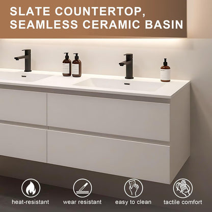 60”-84”Double Sink Floating Bathroom Vanity, All-White Modern Cabinet with Backlit LED Mirror