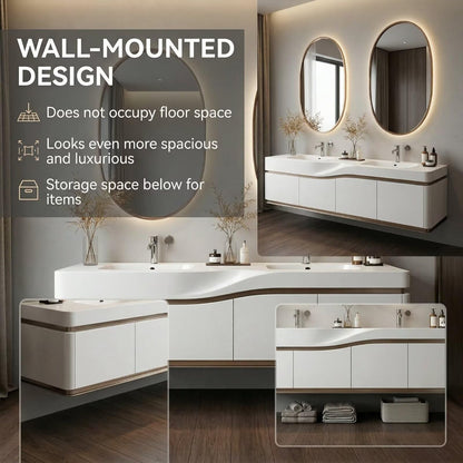 60”-96”Sleek White Bathroom Vanity with Backlit LED Mirrors, Integrated Double Sinks & Gold Trim