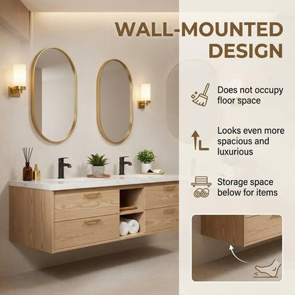 60”-84”Double Sink Floating Bathroom Vanity with Gold Oval Mirrors