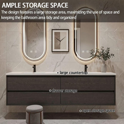60”-84”Double Sink Floating Bathroom Vanity with Oval LED Mirrors, Dark Gray Wood Cabinet