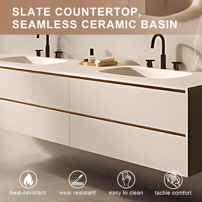 60”-84”Double Sink Floating Bathroom Vanity with Arch LED Mirrors, White Modern Cabinet