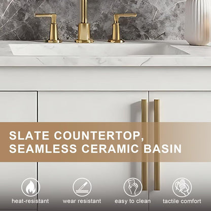60”-84” Double Sink Bathroom Vanity with LED Oval Mirrors, Freestanding Cabinet with Marble Top, White with Gold Hardware