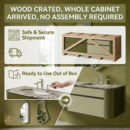 60"-96"Modern Wall-Mounted Bathroom Vanity with Marble Top & Fluted Side Panels