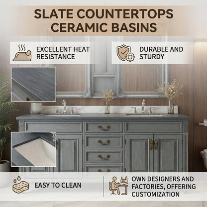 60”-112” Gray Traditional Bathroom Vanity with Double Sinks & Marble Top