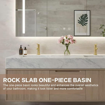 60"-84"Modern Light Oak Floating Bathroom Vanity with Double Sinks & Marble Top