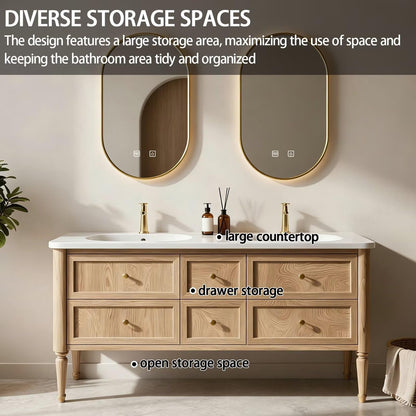 60"-84"Modern Light Oak Bathroom Vanity Set with Gold Hardware & White Top