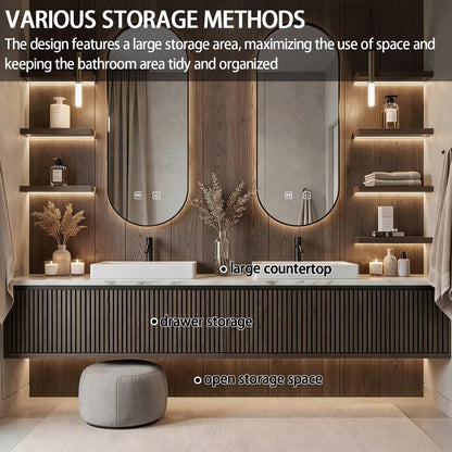 60”-84”Double Sink Floating Bathroom Vanity with LED Oval Mirrors, Dark Fluted Wood Cabinet