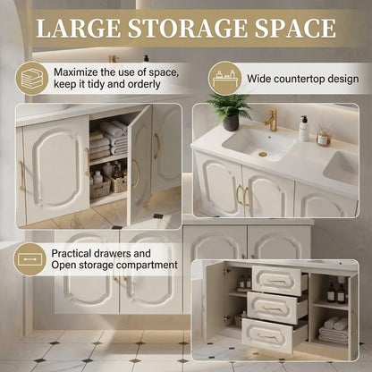 60”-84”Double Sink Vanity with LED Mirror, Cream Floating Cabinet & Gold Hardware