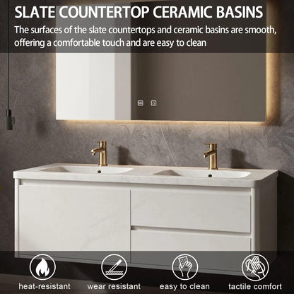 60"-78"Floating White Bathroom Vanity with Double Sinks & Backlit LED Mirror Cabinet