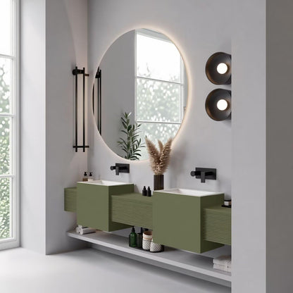 60"-96"Sage Green Floating Bathroom Vanity with Double Vessel Sinks & LED Round Mirror