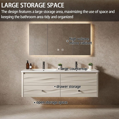 60”-84”Double Sink Floating Bathroom Vanity with LED Mirror Cabinet, White Textured Cabinet