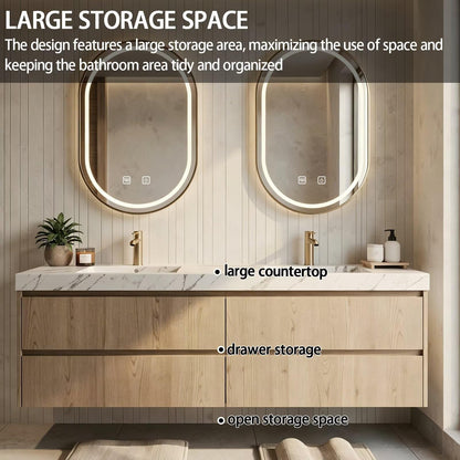 60"-84"Floating Light Wood Bathroom Vanity with Marble Top & Oval LED Mirrors, Double Sinks