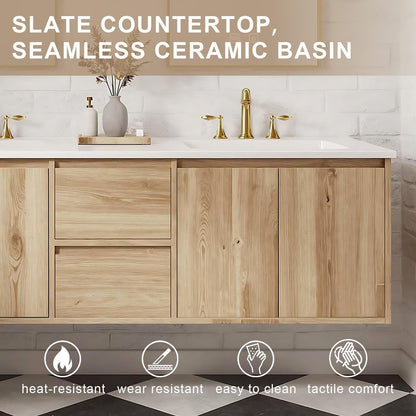 60”-84”Double Sink Floating Bathroom Vanity with 2 Gold LED Mirrors, Light Oak Wall Mounted Vanity with White Top