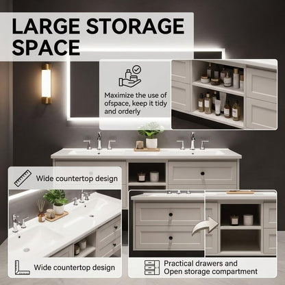 60"-96"White Floating Bathroom Vanity with Double Sinks & Large LED Lighted Mirror