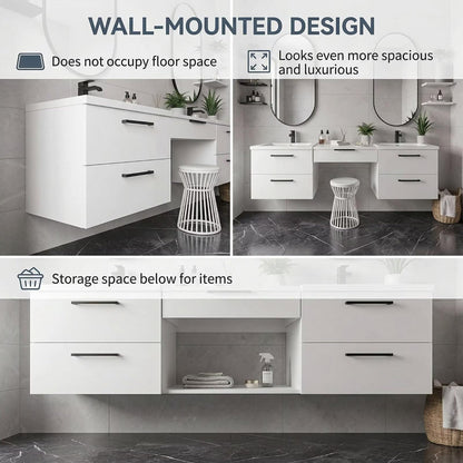60"-84"Wall Mounted White Bathroom Vanity with Double Sinks & Integrated Makeup Station
