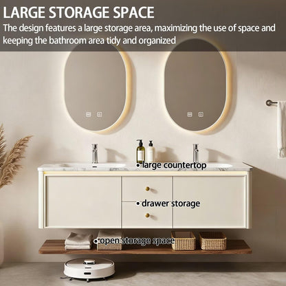 60"-84"Modern Cream Floating Bathroom Vanity Set with Marble Top & Open Shelf