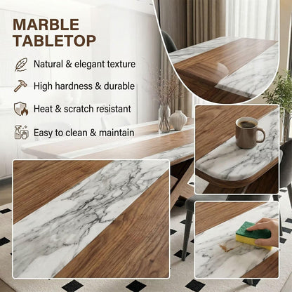 60"-80"Modern Farmhouse Dining Table with Walnut Wood & White Marble Striped Top, 6-Seater
