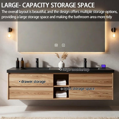 60"-84"Floating Oak Bathroom Vanity with Double Sinks & LED Mirror