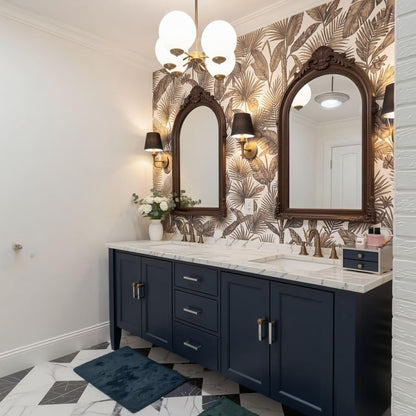 60”-96”Navy Blue Double Sink Bathroom Vanity with Marble Top & Arched Mirrors