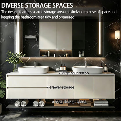 60”-84”Double Sink Floating Bathroom Vanity with LED Mirror Cabinet, Off-White Modern Cabinet