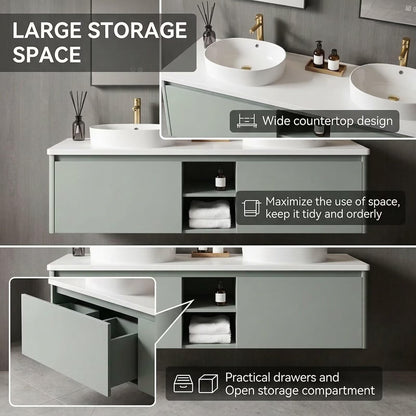 60”-84”Double Sink Floating Bathroom Vanity with LED Mirrors, Light Gray Cabinet & White Stone Top