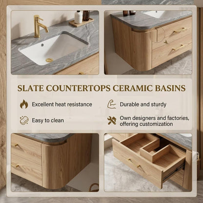 60"-84"Wall Mounted Oak Bathroom Vanity with Double Sinks & 4 Drawer Storage
