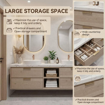 60”-84”Double Sink Floating Bathroom Vanity with Gold Oval Mirrors, Light Wood Cabinet & Marble Top