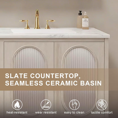 60”-84”Double Sink Bathroom Vanity with LED Mirrors, Wood Floating Cabinet with Marble Top, Modern French Country Style, Beige
