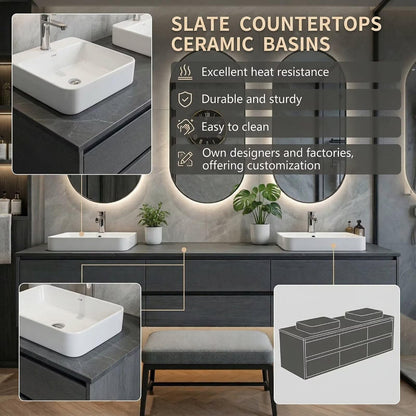 60"-96"Modern Dark Grey Floating Bathroom Vanity with Double Sinks & LED Oval Mirrors