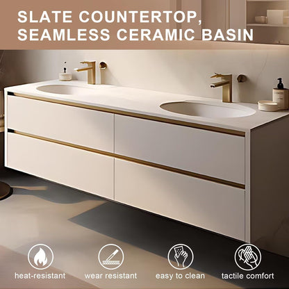 60”-84”Double Sink Floating Bathroom Vanity with LED Backlit Mirror, White Gold Cabinet