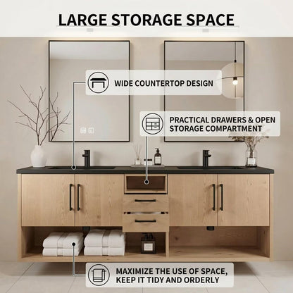 60"-96"Light Oak Bathroom Vanity with Black Countertop, Double Sinks & LED Mirrors