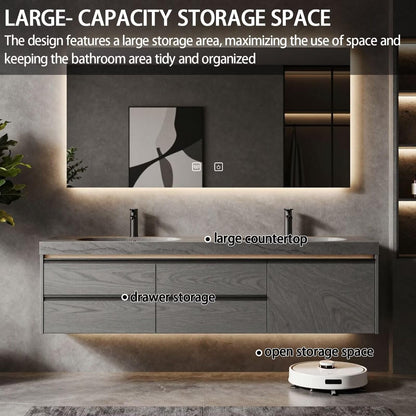 60”-84”Double Sink Floating Bathroom Vanity with LED Backlit Mirror, Gray Wood Cabinet
