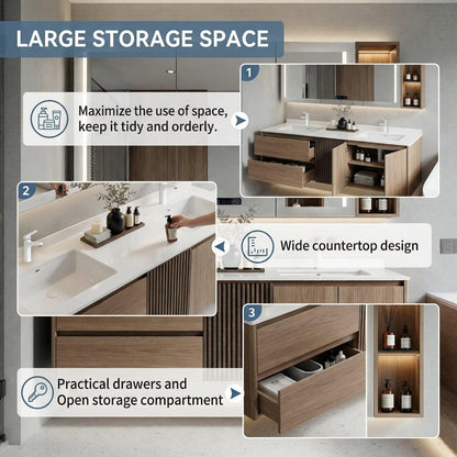 60”-96” Light Oak Floating Bathroom Vanity with Double Sinks & LED Mirror Cabinet