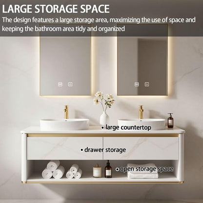60"-84"Wall Mounted Bathroom Vanity with Double Sinks & Open Towel Shelf
