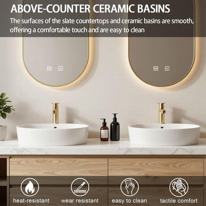 60”-84”Double Vanity, White Floating Cabinet with Gold Trim Oval LED Mirrors