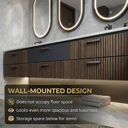 60"-96"Contemporary Fluted Bathroom Vanity with Double Sinks & Storage Drawers