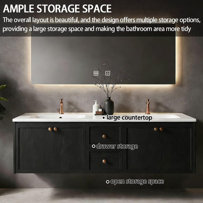 60”-84”Double Sink Floating Bathroom Vanity with LED Mirror, Black Cabinet & Gold Hardware