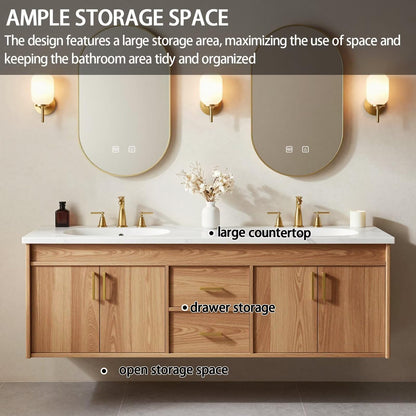 60"-84"Floating Oak Bathroom Vanity with Double Sinks & LED Oval Mirrors