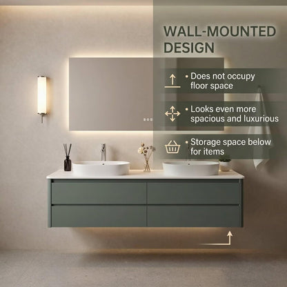 60”-84”Modern Double Sink Bathroom Vanity with LED Mirror, Green Floating Cabinet