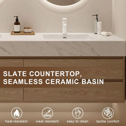 60”-84”Light Wood Floating Bathroom Vanity with Marble Top & Dual LED Mirrors