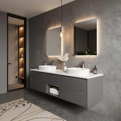60"-84"Modern Dark Gray Floating Bathroom Vanity with Double Sinks & LED Backlit Mirrors