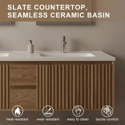 60”-84”Double Sink Floating Bathroom Vanity, Fluted Oak Cabinet with LED Backlit Mirrors