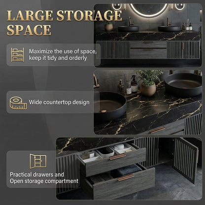 60"-96"Luxury Bathroom Vanity Set with Black Marble Countertop & Storage Drawers
