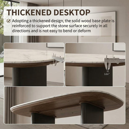 60"-80"Oval White Marble Dining Table with Black Base, Modern Kitchen Table for 6