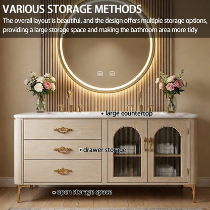 60"-84"Vintage Oak Bathroom Vanity Set with Gold Hardware & Marble Top