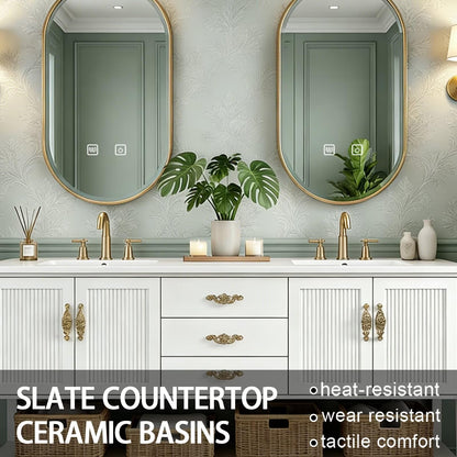 60”-84”Double Sink Freestanding Vanity with Gold Oval Mirrors, White Cabinet & Marble Top